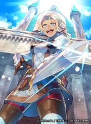 Rule 34 | 1girl, arm guards, armor, armored boots, armored dress, blonde hair, blue eyes, boots, breasts, brown gloves, building, catherine (fire emblem), cloud, cloudy sky, dark-skinned female, dark skin, day, dress, fire emblem, fire emblem: three houses, fire emblem cipher, foreshortening, from below, glint, gloves, hair ribbon, leather, leather gloves, medium breasts, nintendo, official art, open mouth, outdoors, pantyhose, ponytail, red thighhighs, ribbon, scabbard, sheath, short dress, short hair, shoulder armor, sky, smile, solo, sunlight, sword, thigh boots, thighhighs, tvzyon, unsheathed, watermark, weapon
