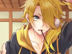 Rule 34 | 10s, 1boy, blonde hair, close-up, collarbone, food, grey eyes, hair over one eye, hood, hoodie, indoors, kabedon, male focus, mouth hold, parted lips, pocky, ponytail, pov, rio (rio 01), scrunchie, shishiou (touken ranbu), solo, touken ranbu, upper body