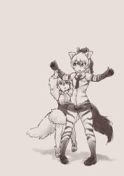 Rule 34 | 10s, 2girls, aardwolf (kemono friends), animal ears, arms up, bare legs, bare shoulders, bow, bowtie, breast pocket, dress, elbow gloves, extra ears, full body, gloves, hair between eyes, hand on another&#039;s arm, kemono friends, long hair, long sleeves, looking at another, monochrome, multicolored hair, multiple girls, necktie, open mouth, outstretched arms, pantyhose, pantyhose under shorts, pocket, ponytail, print gloves, print legwear, print shirt, rumenia (ao2is), shirt, shoes, short dress, short hair, short shorts, shorts, sidelocks, sleeveless, sleeveless shirt, southern tamandua (kemono friends), spread arms, standing, standing on one leg, tail, tamandua tail, two-tone hair