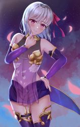 Rule 34 | 1girl, absurdres, armlet, armor, artist request, bare shoulders, bikini armor, blush, bracelet, breasts, collar, covered navel, detached sleeves, dress, earrings, fate/grand order, fate (series), floral print, grin, hair ribbon, hand on own hip, highres, jewelry, kama (fate), kama (first ascension) (fate), looking at viewer, metal collar, miniskirt, night, night sky, pelvic curtain, petals, pink ribbon, purple dress, purple skirt, purple sleeves, purple thighhighs, red eyes, ribbon, short hair, silver hair, skirt, sky, small breasts, smile, star (sky), starry sky, thighhighs, thighlet, thighs