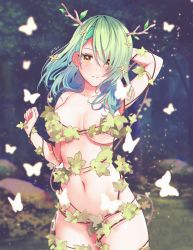 Rule 34 | 1girl, antlers, blush, branch, breasts, bug, butterfly, ceres fauna, collarbone, covering privates, flower, green hair, highres, hololive, hololive english, horns, insect, large breasts, leaf, looking at viewer, mole, mole under eye, navel, nude cover, plant, sk jynx, solo, vines, virtual youtuber, yellow eyes