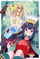 Rule 34 | 1boy, 1girl, ball, black hair, black shorts, blonde hair, blue hair, bottle, breasts, colored inner hair, facepaint, fate/grand order, fate (series), feathers, forest, grey eyes, grin, headdress, highres, jewelry, long hair, looking at viewer, meiji ken, multicolored hair, nature, necklace, one eye closed, red shirt, sash, shirt, short hair, short sleeves, shorts, sidelocks, small breasts, smile, soccer ball, soccer uniform, sportswear, sunglasses, tassel, tenochtitlan (fate), tenochtitlan (first ascension) (fate), tezcatlipoca (fate), tree, water bottle, white shirt