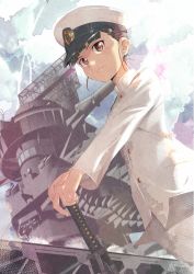 Rule 34 | 1girl, black hair, commentary, commentary request, dated, hat, jet yowatari, katana, military, military hat, military uniform, peaked cap, sakamoto mio, ship, signature, smile, solo, strike witches, sword, texture, uniform, watercraft, weapon, world witches series, yellow eyes
