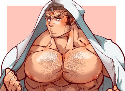 Rule 34 | 1boy, bara, bare pectorals, blush, chest hair, facial hair, goatee, highres, hood, hood up, hooded jacket, houzouin oniwaka, jacket, kizami nori to yamaimo, large pectorals, looking at viewer, male focus, mature male, muscular, muscular male, nipples, open clothes, open jacket, pectoral focus, pectorals, pout, scar, scar on face, scar on forehead, short hair, sideburns, solo, tokyo houkago summoners, upper body, white jacket