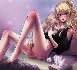 Rule 34 | 1girl, anpsart, artist name, barefoot, blonde hair, blush, bottomless, citrus (saburouta), cleft of venus, commentary, english commentary, feet, female masturbation, fingering, green eyes, highres, indoors, jewelry, lips, long hair, looking at viewer, lying, magazine (object), masturbation, nail polish, on back, pants, unworn pants, pillow, pussy, ring, solo, sweat, tank top, tissue box, toenail polish, toenails, toes, used tissue, wedding ring