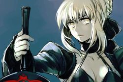 Rule 34 | 1girl, artoria pendragon (all), artoria pendragon (fate), black bra, blonde hair, blue background, bra, braid, closed mouth, collar, excalibur morgan (fate), fate/stay night, fate (series), hair bun, halterneck, holding, holding sword, holding weapon, hungry clicker, juliet sleeves, long sleeves, looking at viewer, puffy sleeves, saber alter, short hair, simple background, single hair bun, solo, sword, underwear, upper body, weapon, yellow eyes