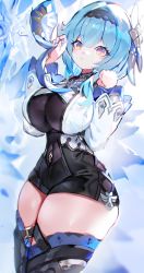 Rule 34 | 1girl, black hairband, blue hair, blue necktie, blush, breasts, cleavage, cleavage cutout, clothing cutout, commentary request, covered navel, eula (genshin impact), frown, genshin impact, hair ornament, hairband, highres, ice, large breasts, leotard, looking at viewer, mamuru, necktie, short hair, solo, thick thighs, thighhighs, thighs, yellow eyes