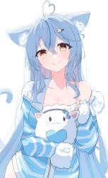 Rule 34 | 1girl, absurdres, ahoge, animal ear fluff, animal ears, blue hair, blue jacket, breasts, camisole, cat ears, closed mouth, crossed bangs, frilled camisole, frills, fur trim, hair between eyes, heart, heart ahoge, highres, hololive, jacket, large breasts, liyaku, long hair, looking at viewer, multicolored hair, official alternate costume, official alternate hairstyle, pajamas, single bare shoulder, sleepwear, sleeves past fingers, sleeves past wrists, smile, solo, spaghetti strap, straight-on, streaked hair, striped clothes, striped jacket, very long hair, virtual youtuber, white camisole, yellow eyes, yukihana lamy, yukimin (yukihana lamy)