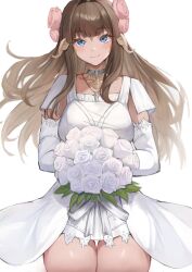 Rule 34 | 1girl, au ra, blue eyes, blush, bouquet, brown hair, closed mouth, cowboy shot, dragon girl, dragon horns, dragon tail, dress, final fantasy, final fantasy xiv, flower, hair flower, hair ornament, highres, holding, holding bouquet, horns, long hair, looking at viewer, pink flower, simple background, solo, straight-on, tail, thigh gap, thighs, torisanff14, warrior of light (ff14), wedding dress, white background, white dress, white flower