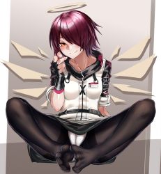 Rule 34 | 1girl, absurdres, arknights, belt, black gloves, black pantyhose, black skirt, blush, breasts, chinese commentary, closed mouth, collarbone, detached wings, exusiai (arknights), feet, finger gun, fingerless gloves, full body, gloves, grey background, hair between eyes, hair over one eye, halo, highres, jacket, legs, looking at viewer, medium breasts, miniskirt, name tag, orange eyes, panties, panties over pantyhose, pantyhose, pantyshot, pointing, pointing at viewer, red hair, sexually suggestive, shadow, short hair, short sleeves, simple background, sitting, skirt, smile, solo, spread legs, underwear, wenzheng147, white jacket, white panties, wings