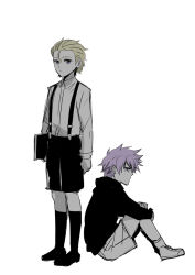 2boys aged_down blonde_hair book child closed_mouth jacket kang_tae-shik long_sleeves multiple_boys pants purple_hair shirt shoes short_hair sitting sketch socks solo_leveling spiked_hair standing wab_lev white_shirt woo_jin-chul