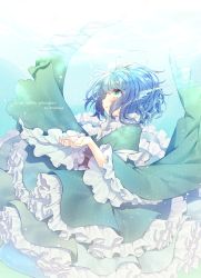 Rule 34 | 1girl, blue eyes, blue hair, cupping hands, fins, frilled kimono, frills, green kimono, happy birthday, head fins, highres, japanese clothes, kimono, long sleeves, medium hair, obi, own hands together, profile, sash, smile, solo, touhou, underwater, usamata, wakasagihime