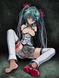 Rule 34 | 1girl, ahoge, aqua eyes, aqua hair, barefoot, blush, breasts, censored, elbow gloves, female focus, full body, gloves, hair ornament, hatsune miku, highres, long hair, looking at viewer, mosaic censoring, nipples, number tattoo, pussy, sitting, solo, spread legs, tattoo, torn clothes, tsukishiro saika, twintails, vocaloid