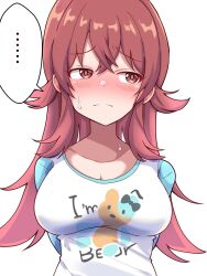 Rule 34 | ..., 1girl, arms behind back, blue sleeves, blush, breasts, closed mouth, collarbone, commentary request, embarrassed, ginmugi, hair between eyes, hair flaps, highres, idolmaster, idolmaster shiny colors, komiya kaho, large breasts, long hair, print shirt, red eyes, red hair, shirt, sidelocks, solo, spoken ellipsis, sweat, upper body, white background, white shirt
