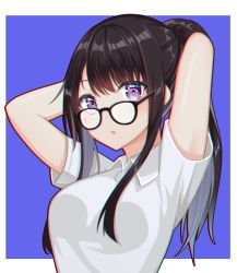 Rule 34 | 1girl, :o, absurdres, arms behind head, arms up, black-framed eyewear, black hair, blue background, breasts, chromatic aberration, collared shirt, glasses, highres, long hair, looking at viewer, looking over eyewear, medium breasts, original, parted lips, ponytail, purple eyes, r3d, shirt, short sleeves, sidelocks, solo, two-tone background, upper body, white background, white shirt