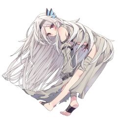 Rule 34 | 1girl, bandaged foot, bandaged leg, bandages, belt, dutch angle, foot wraps, highres, leaning forward, long hair, looking at viewer, no shoes, original, red eyes, shiro youduki, solo, torn clothes, very long hair, white hair