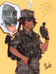 Rule 34 | 1girl, absurdres, assault rifle, binder clip, blush, brown hair, bullpup, camouflage, desert camouflage, digital camouflage, emblem, gun, highres, holding, holding canteen, holding gun, holding weapon, long hair, original, people&#039;s liberation army, people&#039;s liberation army ground force, red eyes, rifle, sleeves rolled up, soldier, solo, sun, sweat, tan, tuziki sang, weapon, yellow background