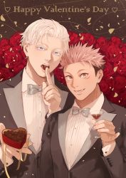 Rule 34 | 2boys, black jacket, blue eyes, bow, bowtie, box, box of chocolates, brown eyes, ccccc (jpn m0), chocolate, colored eyelashes, cup, drinking glass, facial mark, flower, food, food in mouth, formal, gojou satoru, happy valentine, heart-shaped box, highres, holding, holding box, holding chocolate, holding food, itadori yuuji, jacket, jujutsu kaisen, looking at viewer, male focus, multiple boys, open mouth, petals, pink hair, red flower, red rose, rose, shirt, short hair, smile, traditional bowtie, undercut, upper body, white hair, white shirt