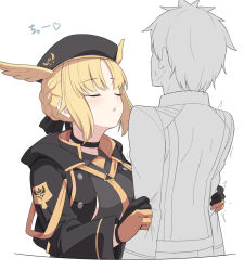 Rule 34 | 1boy, 1girl, arm grab, assertive female, beret, black jacket, blonde hair, blush, breasts, closed eyes, clothes grab, faceless, faceless male, fate/grand order, fate (series), fujimaru ritsuka (male), gloves, hat, head wings, incoming kiss, jacket, large breasts, long sleeves, shiseki hirame, short hair, valkyrie (fate), wings