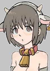 Rule 34 | 1girl, :o, animal hair ornament, arms at sides, ayase fuuka, bare shoulders, breasts, brown eyes, brown hair, cleavage, collar, collarbone, cow hair ornament, cowbell, elbow gloves, furrowed brow, gloves, grey background, jaggy lines, large breasts, matching hair/eyes, muted color, outline, pantsu-ripper, simple background, tareme, yotsubato!