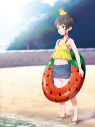 Rule 34 | 1girl, alternate costume, bare legs, beach, black hair, blue eyes, blue footwear, blue shorts, blurry, blurry background, breasts, camisole, commentary, day, denim, denim shorts, depth of field, food print, full body, green eyes, highres, hololive, innertube, kabayaki unagi, midriff, multicolored eyes, navel, object on head, oozora subaru, open mouth, outdoors, rubber duck, sandals, short hair, short shorts, shorts, sleeveless, small breasts, solo, spaghetti strap, standing, sweat, swim ring, thighs, virtual youtuber, water, watermelon print, yellow camisole