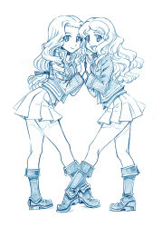 Rule 34 | 2girls, bbb (friskuser), bc freedom military uniform, blue theme, boots, closed mouth, commentary, dress shirt, drill hair, girls und panzer, hair ribbon, holding hands, heel up, high collar, highres, isabe (girls und panzer), jacket, long hair, long sleeves, looking at viewer, low-tied long hair, military, military uniform, miniskirt, monochrome, multiple girls, open mouth, pleated skirt, ribbon, shirt, skirt, smile, sofue (girls und panzer), standing, symmetrical hand pose, uniform, vest, wavy hair