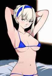 Rule 34 | 1girl, arms behind head, artist name, atlus, bed, breasts, highres, judoippon, large breasts, megami tensei, merope (p5x), nipples, persona, persona 5, persona 5: the phantom x, solo, white hair