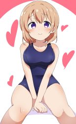 Rule 34 | 1girl, absurdres, breasts, commentary, gochuumon wa usagi desu ka?, heart, highres, hoto cocoa, large breasts, liyocafe, looking at viewer, one-piece swimsuit, orange hair, purple eyes, school swimsuit, sitting, solo, swimsuit, white background
