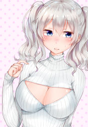 Rule 34 | 10s, 1girl, blue eyes, blush, breasts, cleavage, cleavage cutout, clothing cutout, embarrassed, kantai collection, kashima (kancolle), large breasts, long hair, looking at viewer, maria (maria0304), meme attire, open-chest sweater, ribbed sweater, silver hair, simple background, solo, sweater, upper body, white sweater