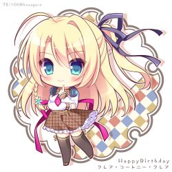 Rule 34 | 1girl, arm under breasts, bad id, bad pixiv id, black ribbon, black thighhighs, blonde hair, blue eyes, blush, breasts, brown footwear, brown skirt, character name, character request, chibi, closed mouth, commentary request, frilled skirt, frilled sleeves, frills, full body, hair between eyes, hair ribbon, hand up, happy birthday, headphones, headphones around neck, index finger raised, long hair, long sleeves, medium breasts, mono no aware wa sai no koro., necktie, one side up, pink necktie, pleated skirt, ribbon, ryuuka sane, shirt, short necktie, skirt, sleeves past wrists, smile, solo, standing, thighhighs, twitter username, unmoving pattern, very long hair, white shirt