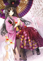 Rule 34 | 1girl, absurdres, black hair, boots, bow, brown eyes, bus stop, car, cherry blossoms, cross-laced footwear, floral print, flower, hair bow, hair flower, hair ornament, hakama, hakama skirt, highres, holding, japanese clothes, kimono, long hair, meiji schoolgirl uniform, motor vehicle, oil-paper umbrella, original, petals, red hakama, road sign, scroll, shintarou, sign, sitting, sitting on object, skirt, smile, solo, suitcase, tree, umbrella, vehicle
