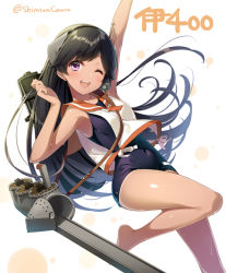 Rule 34 | 1girl, ;d, armpits, arms up, bare arms, bare legs, bare shoulders, barefoot, black hair, black hairband, blouse, blue one-piece swimsuit, blush, brown hair, character name, covered navel, dutch angle, hairband, huyukaaki, i-400 (kancolle), kantai collection, leg up, long hair, looking at viewer, machinery, one-piece swimsuit, one eye closed, open mouth, over shoulder, purple eyes, rigging, sailor collar, school swimsuit, shirt, sketch, skin tight, sleeveless, sleeveless shirt, smile, solo, standing, standing on one leg, sweat, swept bangs, swimsuit, swimsuit under clothes, tan, tanline, tareme, thighs, turret, twitter username, very long hair, white background, white shirt