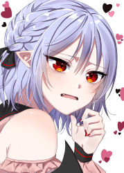 Rule 34 | 1girl, bare shoulders, bat wings, blue hair, blush, braid, censored, eringi (rmrafrn), fang, fangs, french braid, hair between eyes, hair ribbon, hand up, heart, heart background, heart censor, highres, nail polish, no headwear, open mouth, pointy ears, red eyes, red nails, remilia scarlet, ribbon, solo, spoken heart, touhou, upper body, white background, wings
