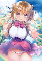 Rule 34 | 1girl, :d, absurdres, blue sky, blush, breasts, brown hair, brown jacket, cameltoe, clothes lift, cloud, collared shirt, day, frilled panties, frills, grey eyes, hair between eyes, hair ribbon, highres, jacket, kino (kino konomi), large breasts, long hair, looking at viewer, non-web source, open mouth, original, outdoors, outstretched arm, panties, pink panties, pleated skirt, rainbow, red skirt, ribbon, school uniform, shirt, skirt, skirt lift, sky, smile, solo, tree, underwear, white shirt, wind, wind lift
