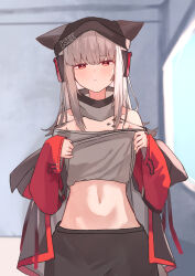 Rule 34 | 1girl, absurdres, animal ears, arknights, bare shoulders, blush, closed mouth, clothes lift, clothes writing, commentary request, cowboy shot, frostleaf (arknights), grey hair, grey jacket, grey shirt, half-closed eyes, headphones, high collar, highres, jacket, lifting own clothes, long hair, long sleeves, looking at viewer, material growth, midriff, navel, off shoulder, oripathy lesion (arknights), red eyes, red sleeves, shirt, shirt lift, sidelocks, sketch background, solo, standing, suzubotan, sweatdrop