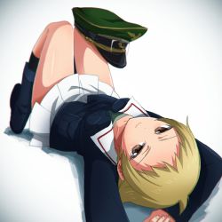 Rule 34 | 10s, 1girl, arm pillow, arms up, black footwear, black socks, blonde hair, blue jacket, blurry, blurry background, boots, brown eyes, closed mouth, depth of field, erwin (girls und panzer), girls und panzer, goggles, goggles on headwear, green hat, green shirt, hat, jacket, long sleeves, looking at viewer, looking back, lying, military, military hat, military uniform, miniskirt, on back, ooarai military uniform, peaked cap, pleated skirt, pointy hair, shadow, shirt, short hair, skirt, smile, socks, solo, sonasiz, uniform, unworn hat, unworn headwear, white background, white skirt