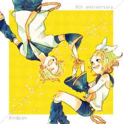 Rule 34 | 1boy, 1girl, anniversary, bass clef, blonde hair, blue eyes, bow, brother and sister, character name, commentary request, detached sleeves, faux traditional media, hair bow, hair ornament, hairclip, headphones, headset, kagamine len, kagamine rin, leg warmers, michiko (nohohon-ya), michiko (pixiv67767), necktie, open mouth, sailor collar, short hair, short ponytail, shorts, siblings, smile, star (symbol), starry background, twins, upside-down, vocaloid, yellow background, yellow necktie