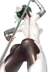 Rule 34 | 1girl, ass, black hair, bodysuit, breasts, bun cover, double bun, fate/grand order, fate (series), fingerless gloves, from behind, from below, gloves, green eyes, hair bun, highres, holding, holding weapon, looking at viewer, medium breasts, ohlia, polearm, qin liangyu (fate), skin tight, solo, standing, weapon, white background