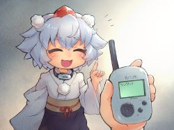 Rule 34 | 1girl, animal collar, animal ears, collar, commentary, facing viewer, hat, inubashiri momiji, long sleeves, notice lines, open mouth, pointing, pointing up, pom pom (clothes), pov, red hat, sankuma, shirt, short hair, silver hair, smile, solo, solo focus, standing, tokin hat, touhou, translated, white shirt, wide sleeves