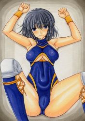 Rule 34 | 1girl, armpits, arms up, blue eyes, boots, breasts, cameltoe, cleavage cutout, clothing cutout, female focus, leotard, lying, minami toshimi, short hair, sideboob, solo, tears, wrestle angels, wrestle angels survivor, wrestling outfit, yutakasan-love