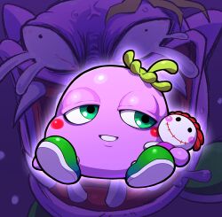 Rule 34 | blush, creature, fangs, green eyes, green footwear, highres, holding, holding stuffed toy, hoshi (star-name2000), monster, nintendo, open mouth, parted lips, saliva, sitting, spoiled rotten, stuffed toy, teardrop, wario land, wario land 4