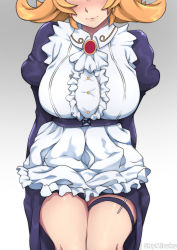 Rule 34 | 1girl, artist name, blush, breasts, center frills, clothes lift, corset, dress, dress lift, facing viewer, flipped hair, frills, head out of frame, head tilt, ishuzoku reviewers, large breasts, lips, long sleeves, maid, medium hair, meidri, no wings, nose blush, orange hair, parted lips, puffy long sleeves, puffy sleeves, shymiruku, solo, thigh strap, thighs