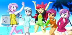 Rule 34 | 5girls, apple bloom, bodyboard, cutie mark crusaders, diamond tiara, glasses, highres, multiple girls, my little pony, my little pony: equestria girls, my little pony: friendship is magic, personification, scootaloo, silver spoon, sweetie belle, swimsuit, swimsuit under clothes, tagme, uotapo, water gun