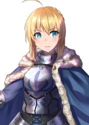 Rule 34 | 1girl, absurdres, ahoge, armor, artoria pendragon (all), artoria pendragon (fate), bad id, bad pixiv id, blonde hair, blue eyes, blush, braid, breastplate, commentary request, elach, fate/stay night, fate (series), fur trim, green eyes, hair between eyes, highres, looking at viewer, saber (fate), saliva, saliva trail, simple background, solo, white background
