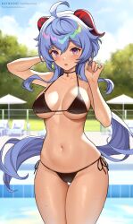 Rule 34 | 1girl, ahoge, alternate costume, bare arms, bare shoulders, bikini, black bikini, black choker, blue hair, blurry, blurry background, blush, breasts, choker, cleavage, collarbone, commentary, ganyu (genshin impact), genshin impact, goat horns, hands up, highres, horns, large breasts, long hair, looking at viewer, navel, open mouth, outdoors, pantheon eve, parasol, pool, purple eyes, side-tie bikini bottom, sideboob, solo, stomach, swimsuit, symbol-only commentary, thigh gap, thighs, umbrella, underboob