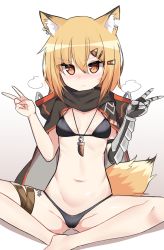 Rule 34 | 1girl, animal ear fluff, animal ears, arknights, black bra, black panties, blonde hair, blush, bra, breasts, coat, commentary request, crystal, double v, earrings, elbow gloves, fox ears, fox girl, fox tail, frown, gloves, hair between eyes, hair ornament, jewelry, legs, lettu, looking at viewer, material growth, midriff, navel, necklace, notched ear, originium (arknights), oripathy lesion (arknights), panties, short hair, sidelocks, simple background, single elbow glove, sitting, small breasts, solo, spread legs, tail, thigh strap, underwear, v, vermeil (arknights), white background, yellow eyes