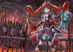 Rule 34 | 1girl, blank eyes, blue skin, cloud, colored skin, core masters, crown, dark clouds, elbow gloves, fire, gloves, gothic lolita, grin, jewelry, knife, lolita fashion, long hair, neck ring, ran&#039;ou (tamago no kimi), red eyes, red hair, ribbon, rinne (core masters), smile, solo, striped clothes, striped thighhighs, stuffed animal, stuffed toy, teddy bear, thighhighs, torn clothes, torn thighhighs, twintails