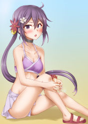 Rule 34 | 1girl, :o, akebono (kancolle), anti (untea9), bell, bikini, bikini under clothes, black choker, blush, breasts, choker, collarbone, flower, gradient background, hair bell, hair between eyes, hair flower, hair ornament, highres, jingle bell, kantai collection, looking at viewer, navel, official alternate costume, pink bikini, purple eyes, purple hair, sandals, scrunchie, side ponytail, sitting, small breasts, solo, swimsuit, swimsuit under clothes