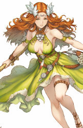 Rule 34 | 1girl, absurdres, bare shoulders, belt, breasts, brown footwear, circlet, cleavage, cleavage cutout, clothing cutout, collarbone, detached sleeves, dress, feathers, final fantasy, final fantasy xiv, floating hair, foot out of frame, forehead, green dress, green eyes, hair ornament, halter dress, halterneck, highres, holding, large breasts, leaf hair ornament, long hair, looking at viewer, makimura shunsuke, nophica, orange hair, parted lips, pink pupils, revision, sandals, sideboob, simple background, sleeveless, sleeveless dress, smile, solo, thigh strap, wavy hair, white background, wristband