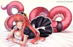 Rule 34 | 1girl, alternate costume, black dress, blush, breasts, cleavage, commentary, commission, dr altruist, dress, enmaided, hair between eyes, hair ornament, hairclip, highres, lamia, large breasts, lips, long hair, lying, maid, maid headdress, miia (monster musume), monster girl, monster musume no iru nichijou, on stomach, pointy ears, red hair, scales, short sleeves, shrug (clothing), solo, wrist cuffs, yellow eyes
